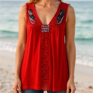Free People S Red Sleeveless Blouse With Beading And Lace - Sequin Detail